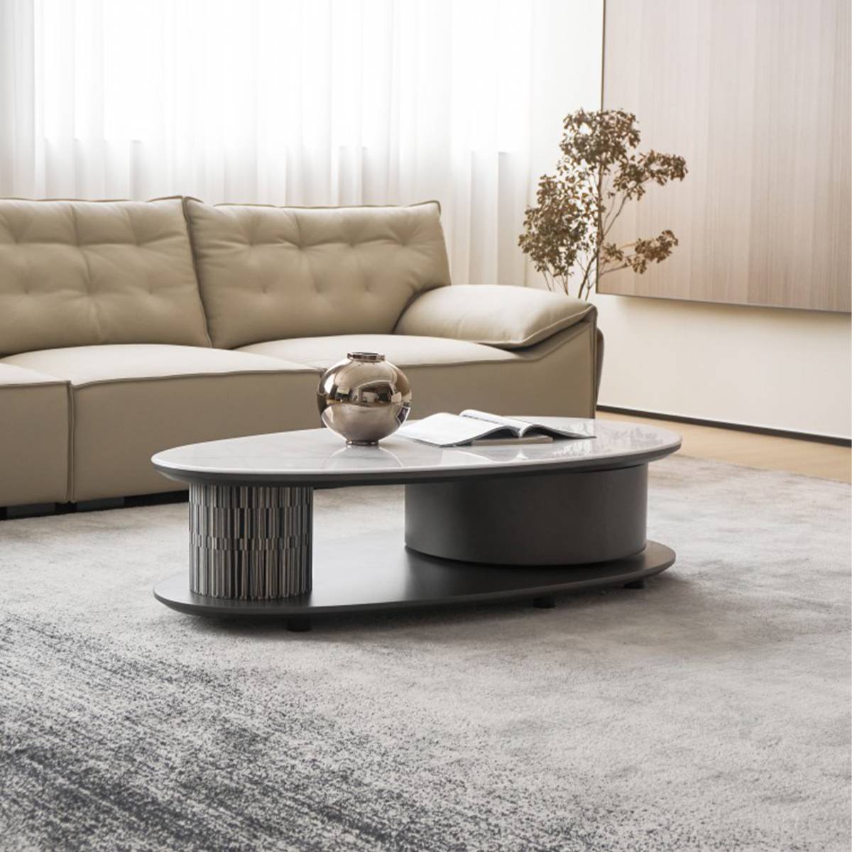 Side view of the coffee table highlighting the depth and base structure.
