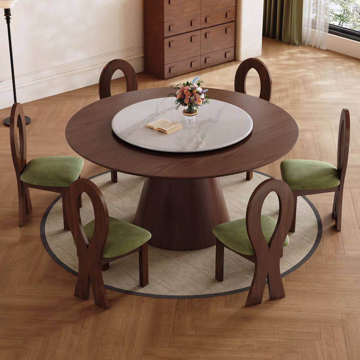 Walnut finish round dining table with wooden dining chairs