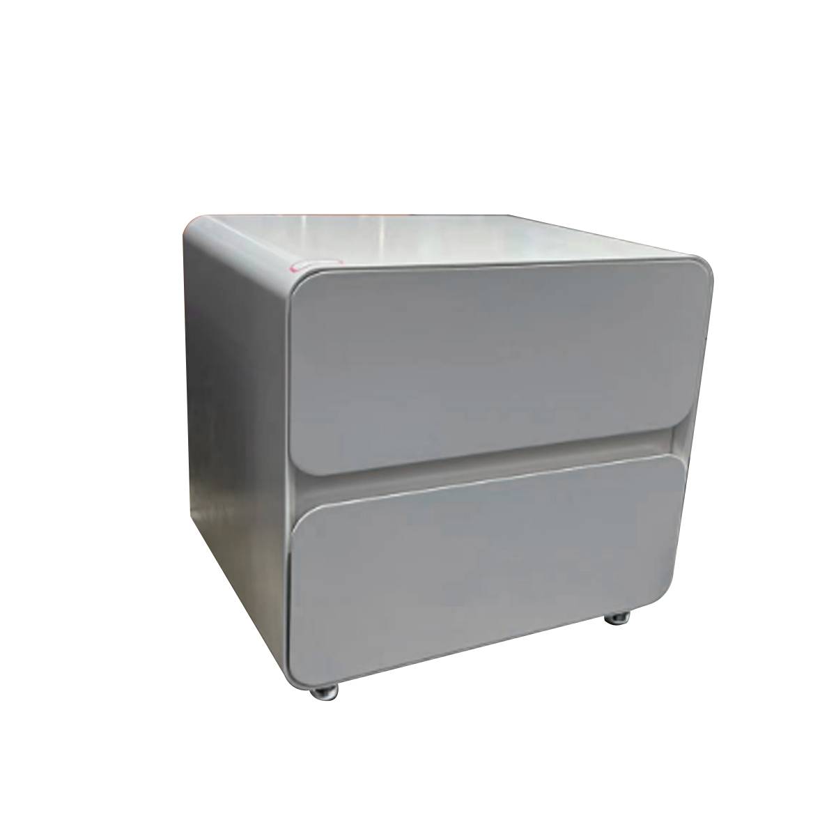 Angled view of the bedside table showing the side profile and metallic feet