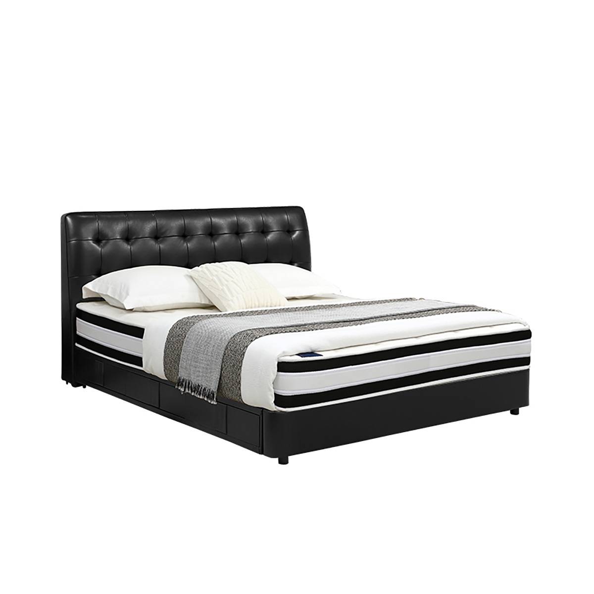 Full view of black leather storage bed in a modern bedroom setting