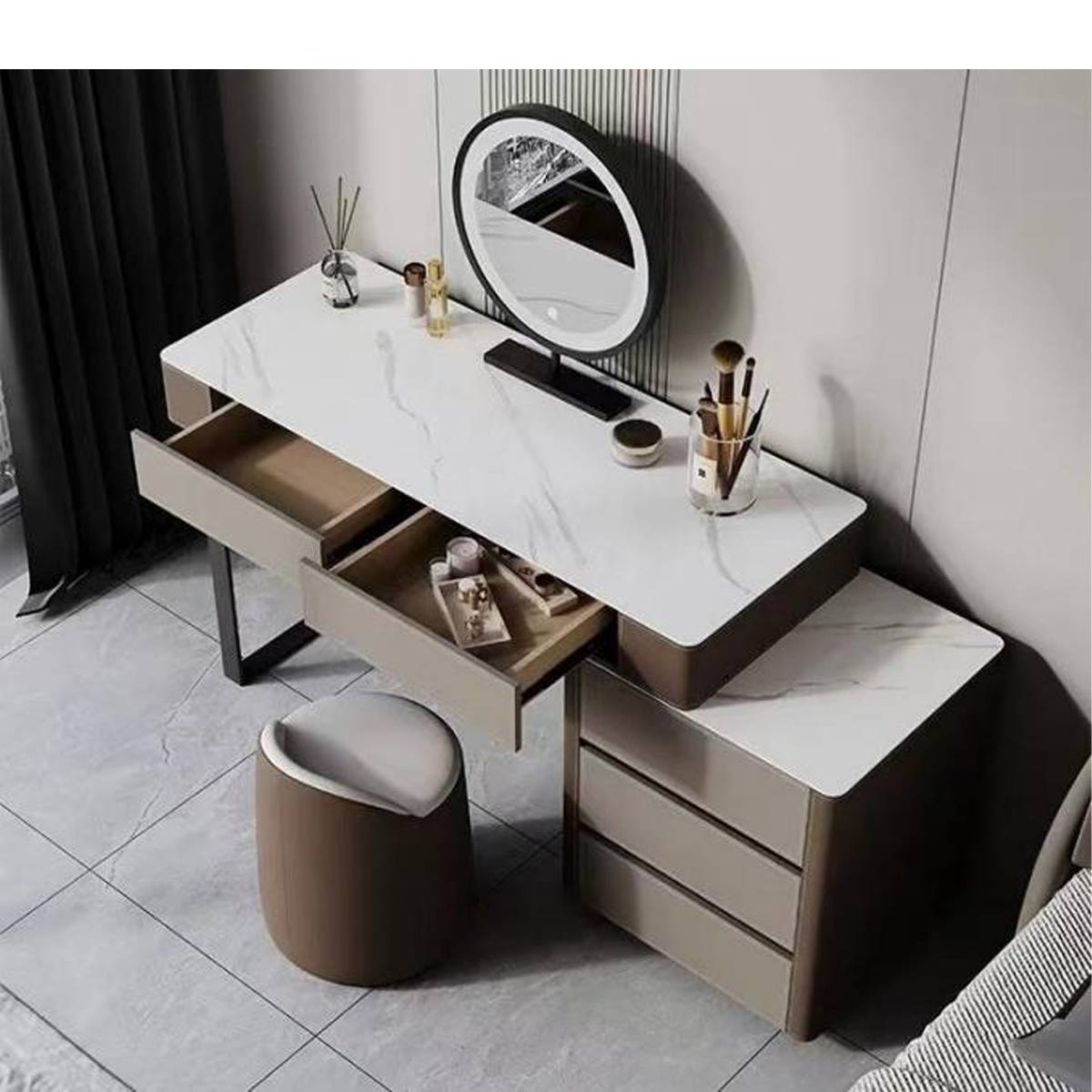 High angle view of the vanity set showing open drawers and sintered stone top