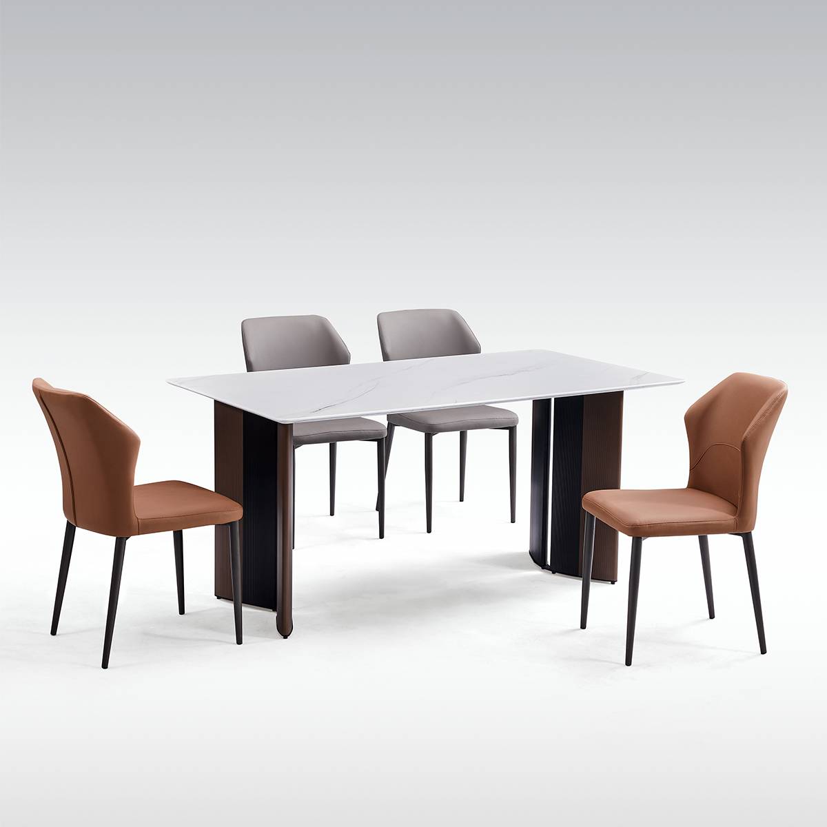 Studio shot of the dining table with mixed grey and brown chairs