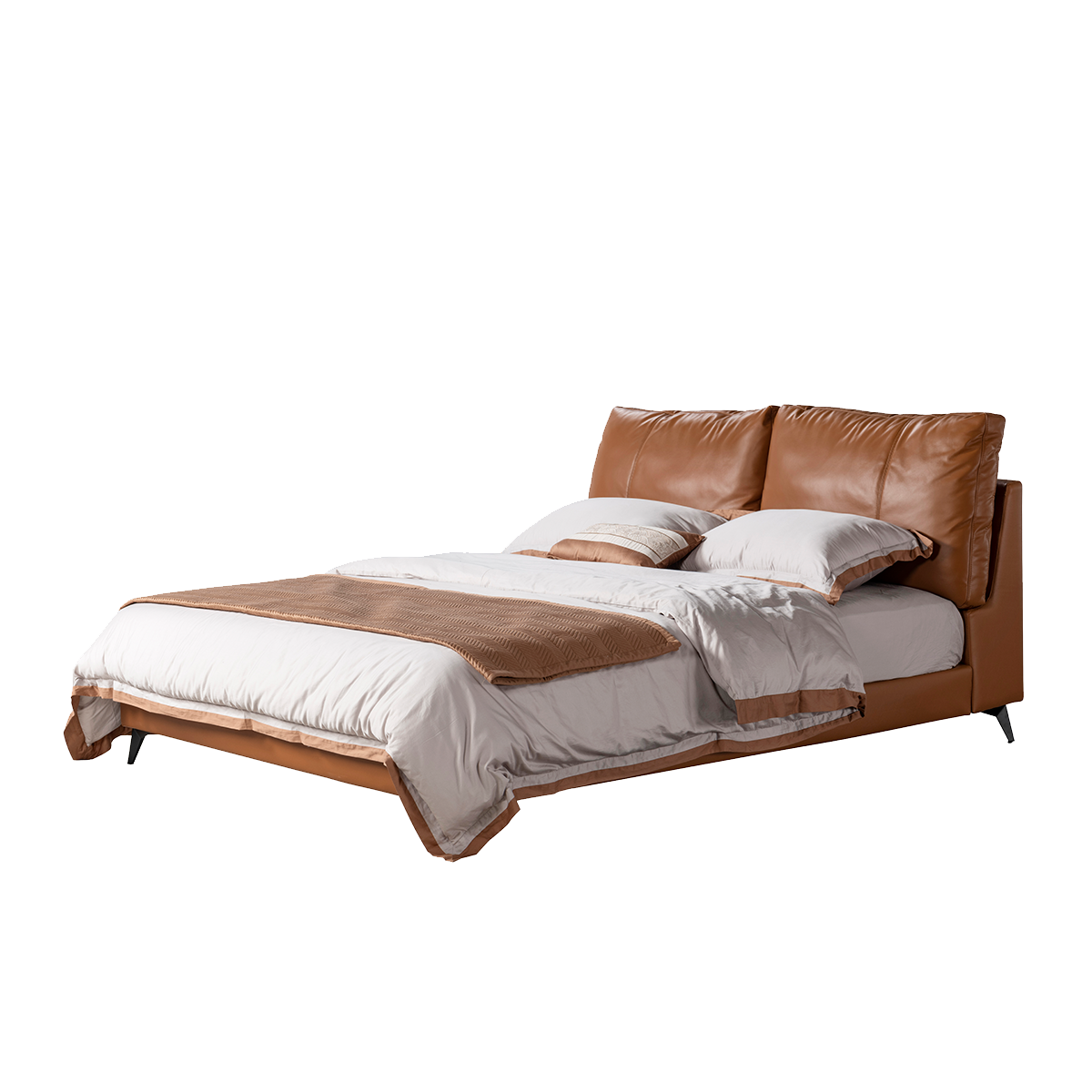 Angled view of the bed against a white background highlighting the leather texture and frame.