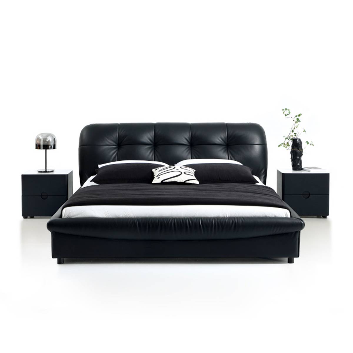Front view of the black leather bed frame