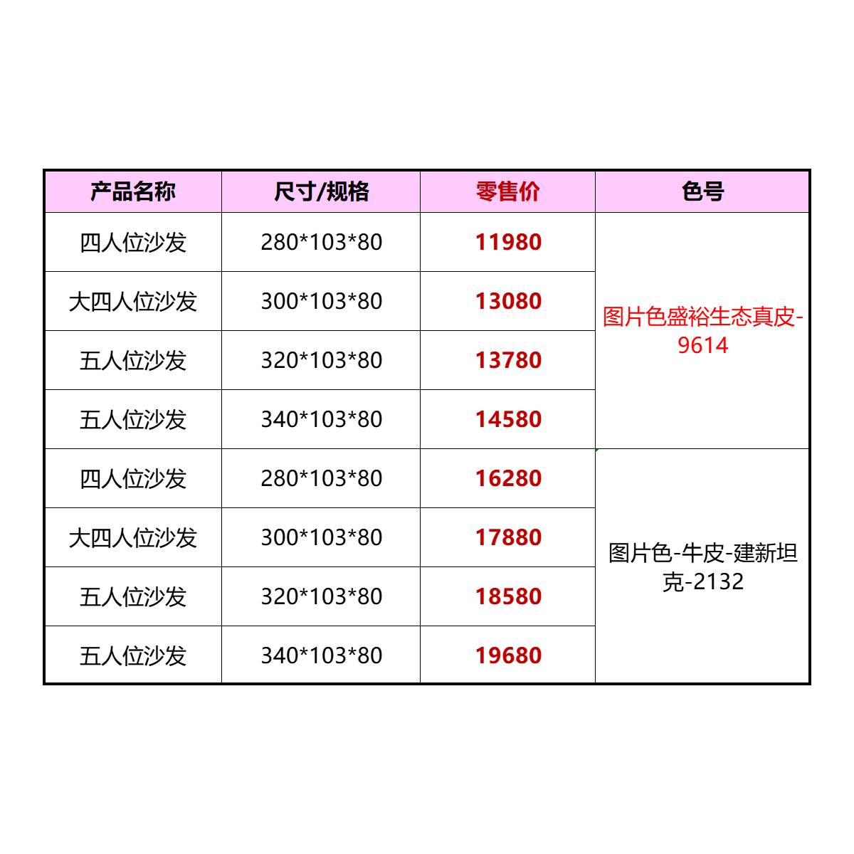 Product specification table showing prices and dimensions for various sofa sizes