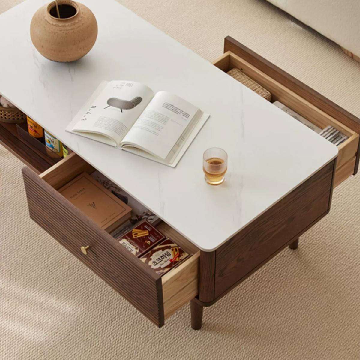 Top-down view showing the open sliding drawer and storage compartment