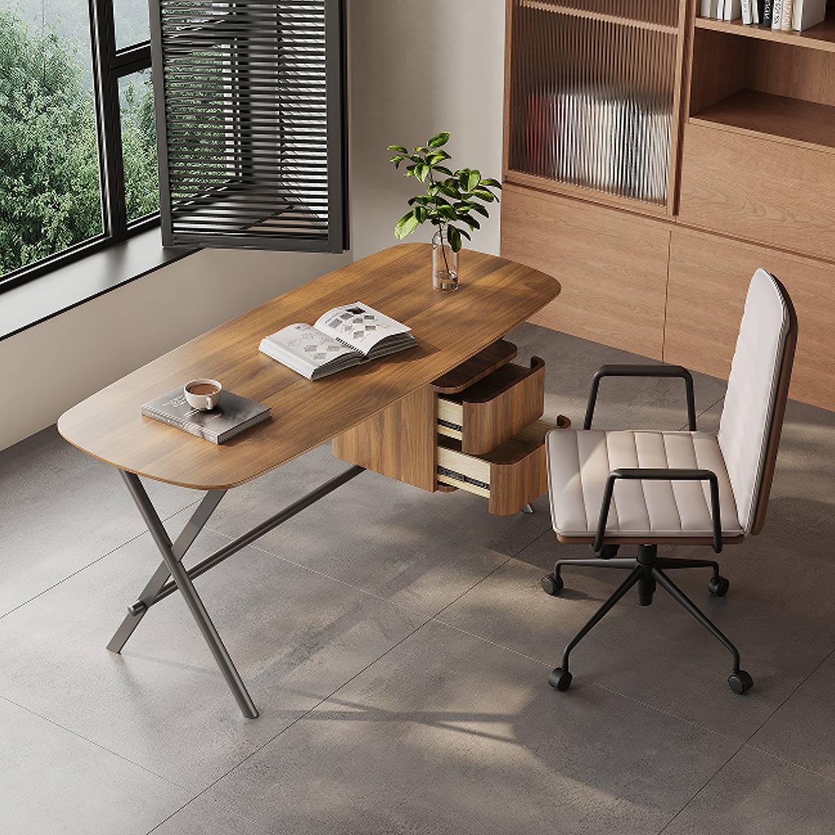 High-angle view of the desk with drawers open, displaying storage capacity.
