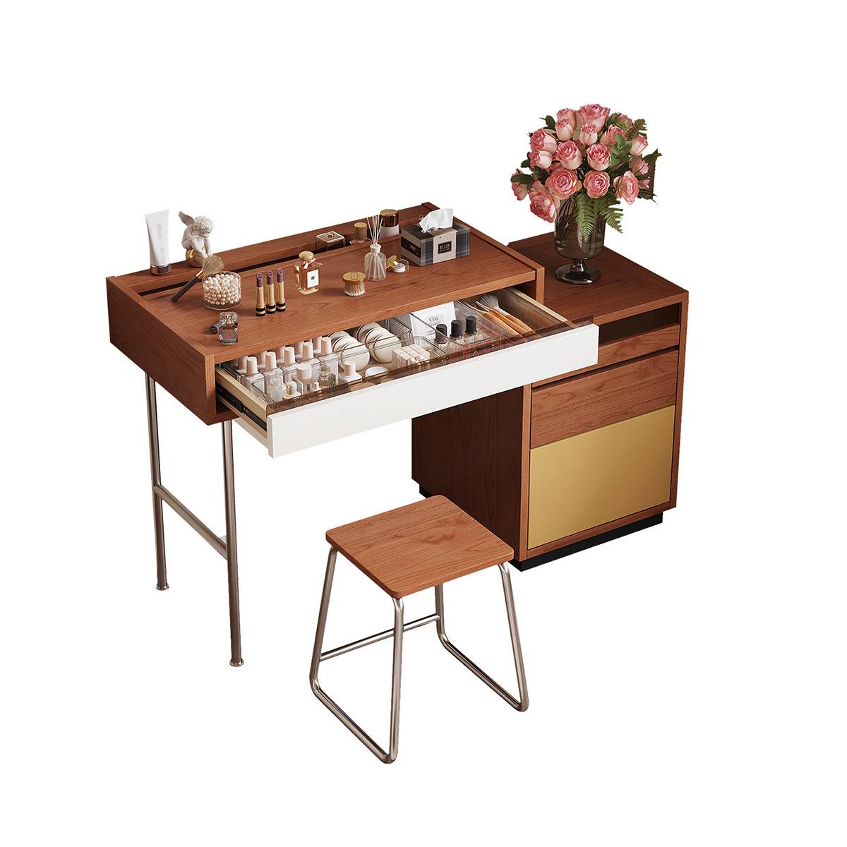 Isometric view of the vanity set with drawer open