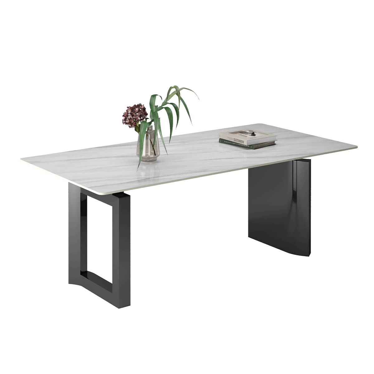 Studio shot of the dining table with black base and white stone top