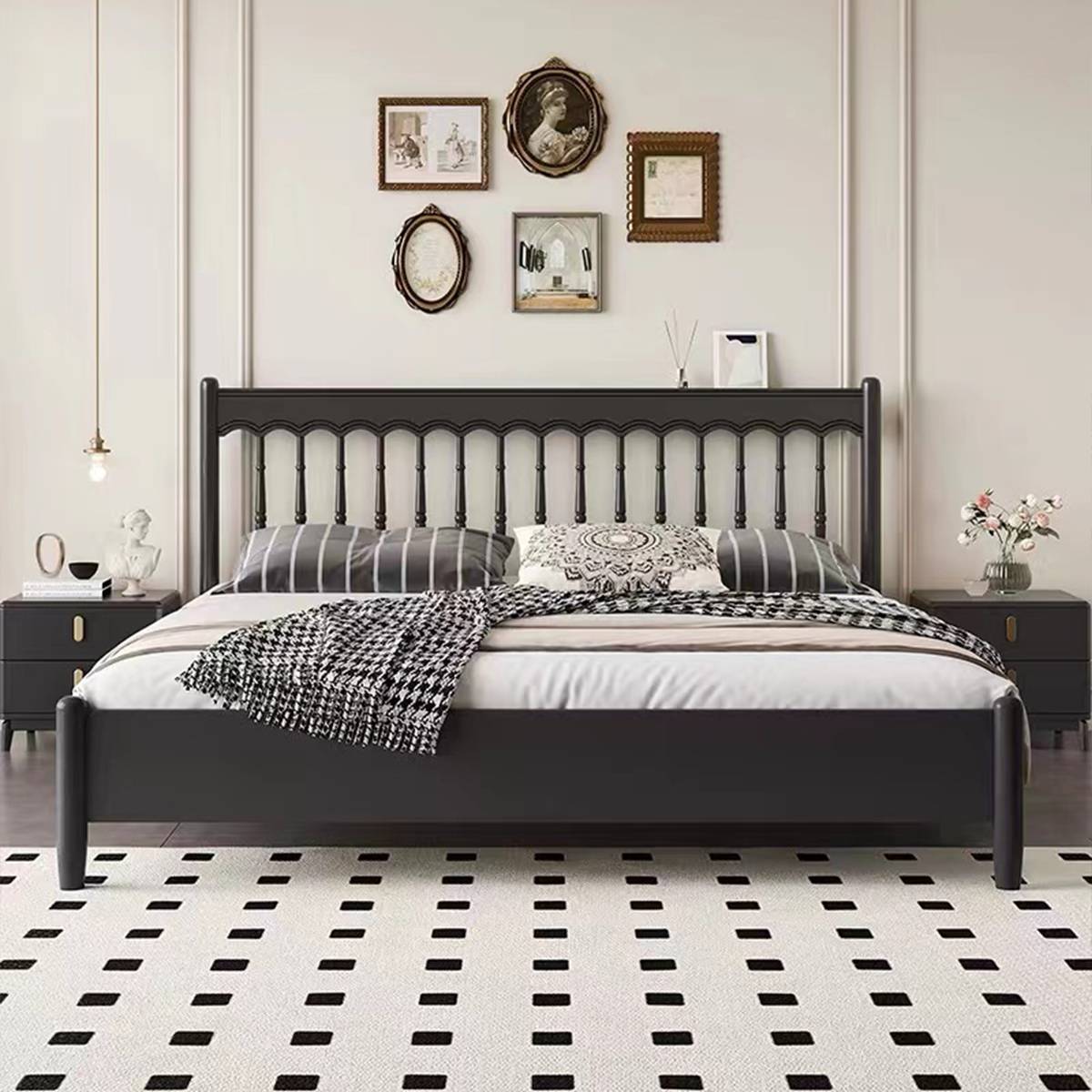 Front view of a black mid-century modern solid wood bed with spindle headboard in a bedroom setting