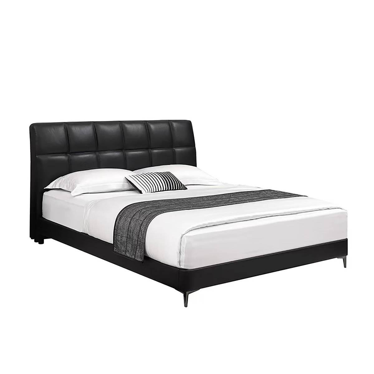Full view of black leather double bed in a modern bedroom setting