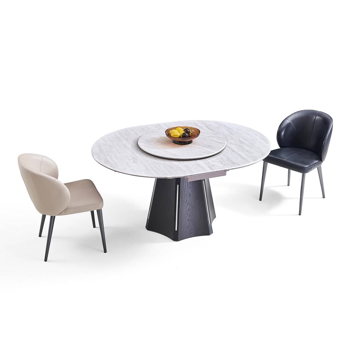 White microcrystalline stone dining table with expandable top and gun grey steel base