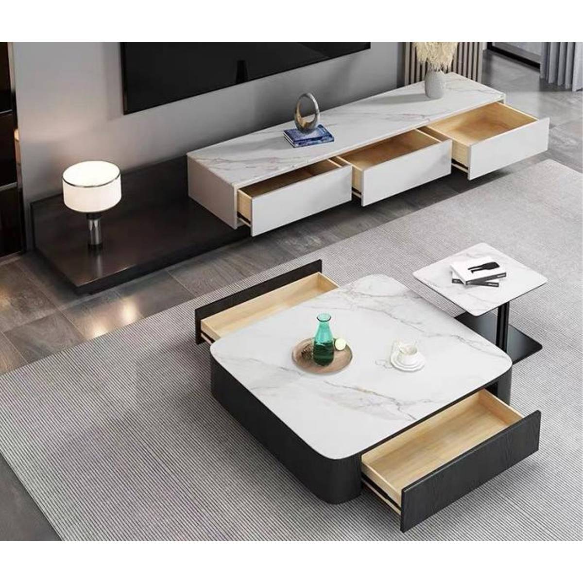 High-angle view of the TV console with drawers open, revealing the light wood interior and storage capacity.