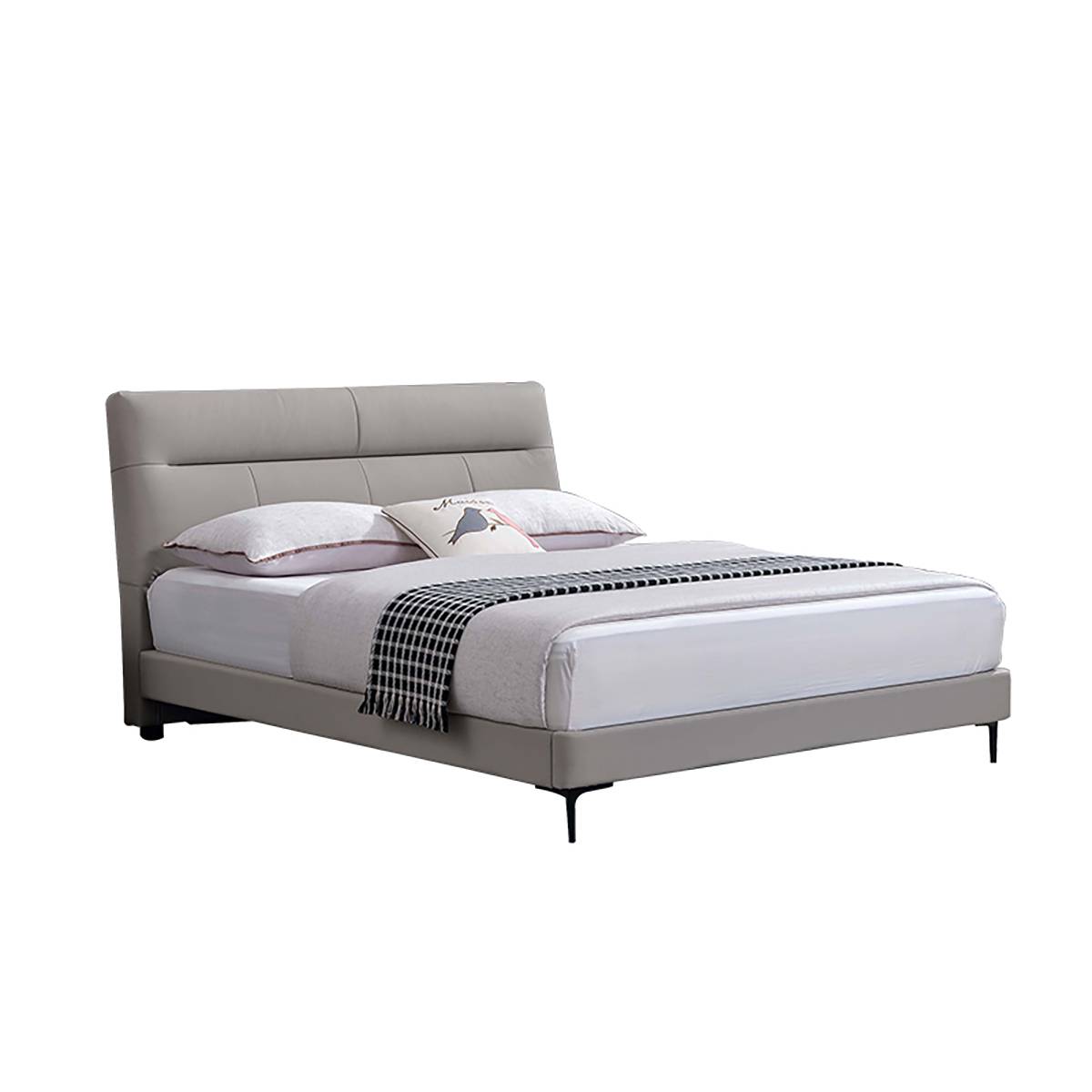 Full view of the grey leather bed with white bedding and throw