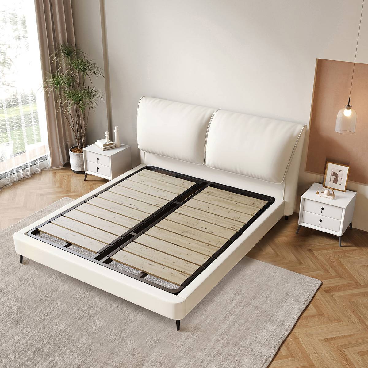 Bed frame showing the steel-wood slat base structure