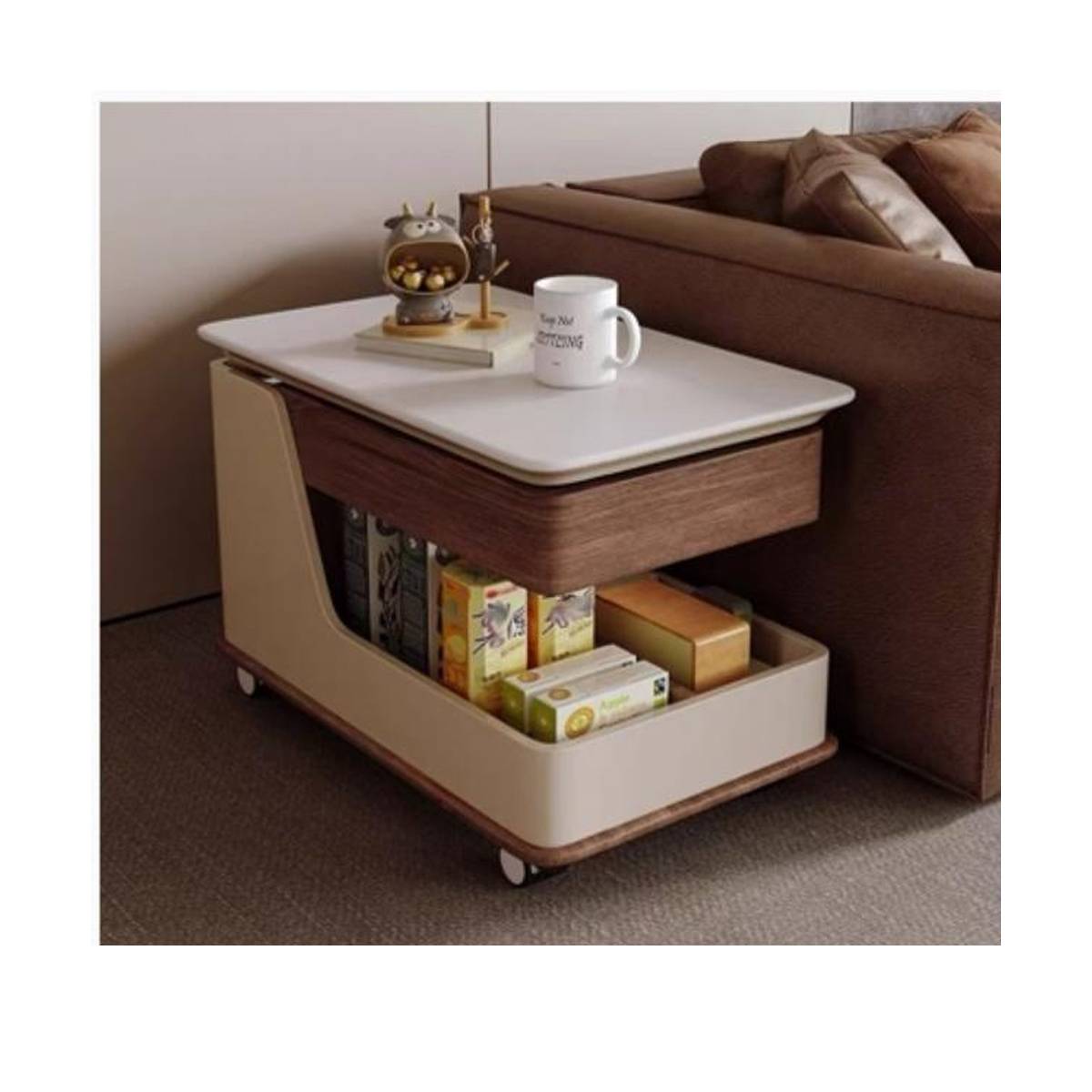 Mobile side cabinet with wood grain accents, showing storage capacity with items inside