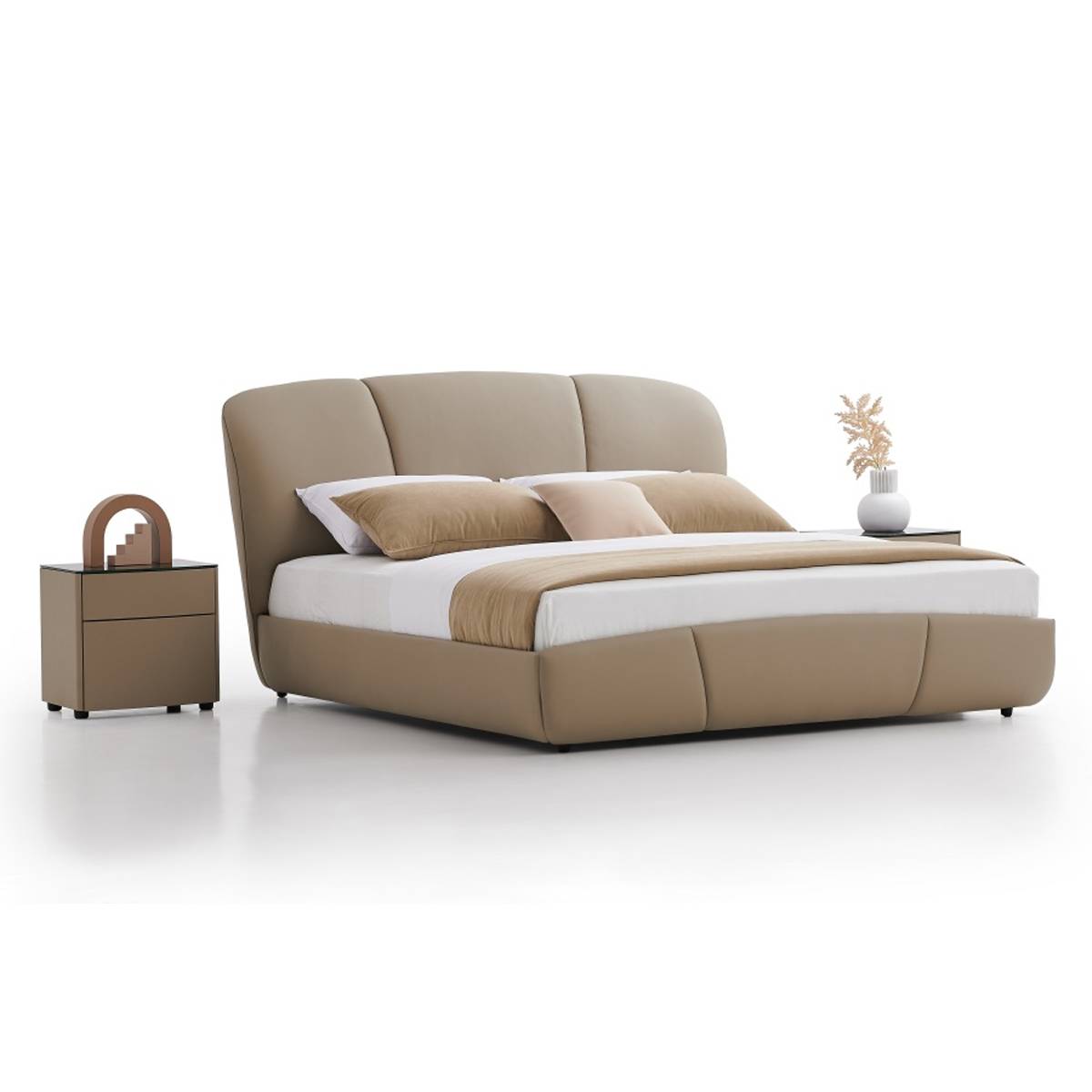 Side angle view of the beige soft bed showing the curved headboard