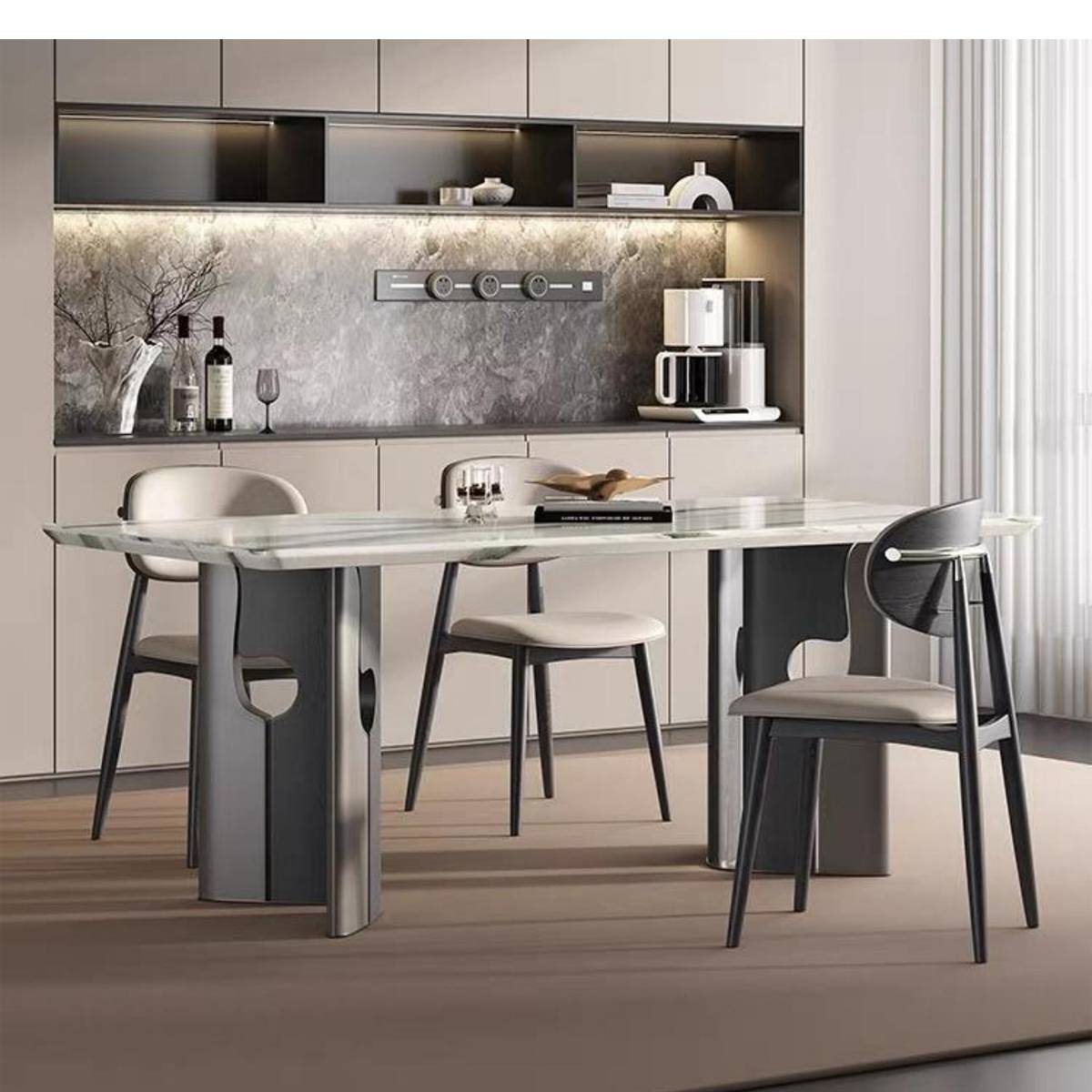 Dining table in a modern dining room setting with chairs