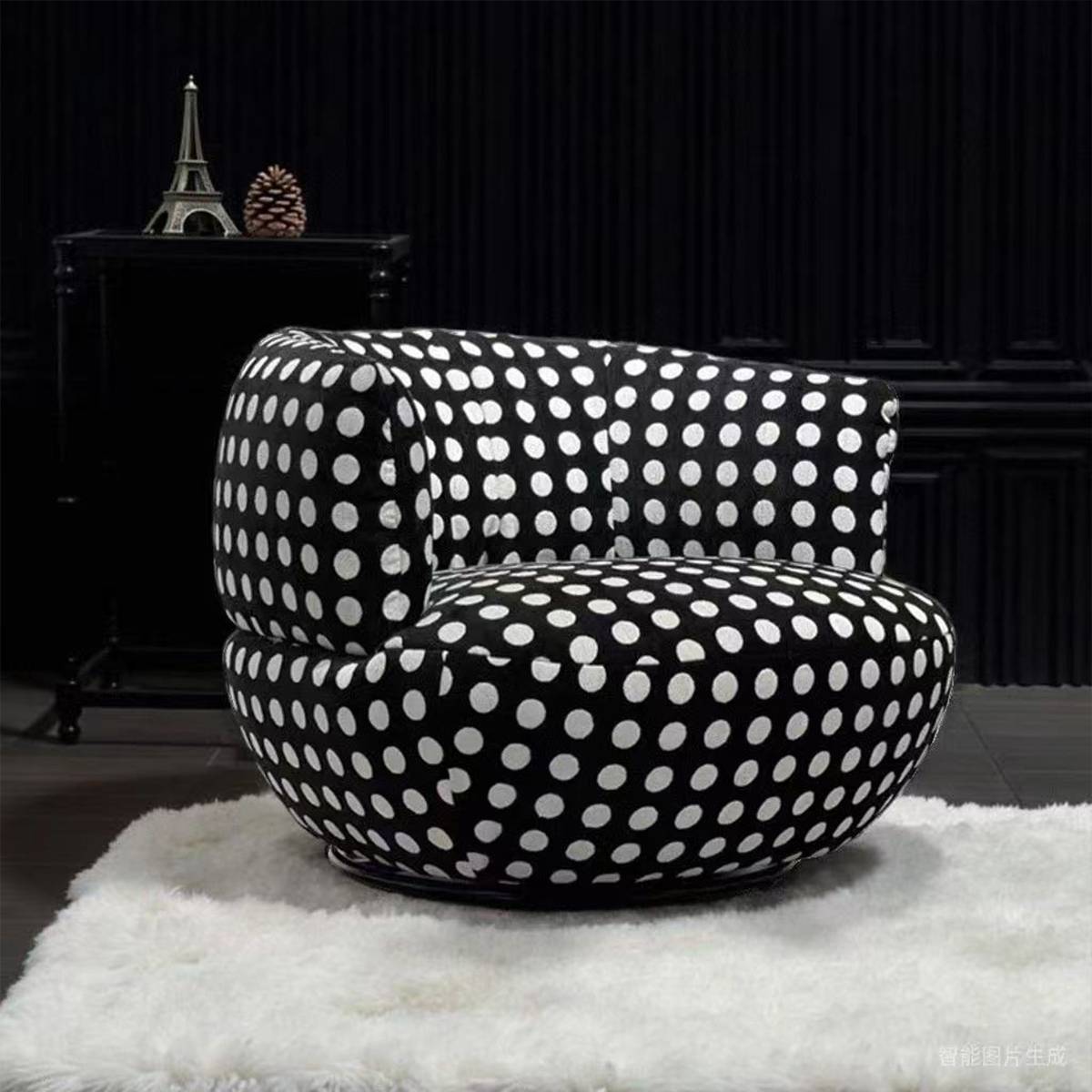 Polka dot lounge chair on a white rug with a black background