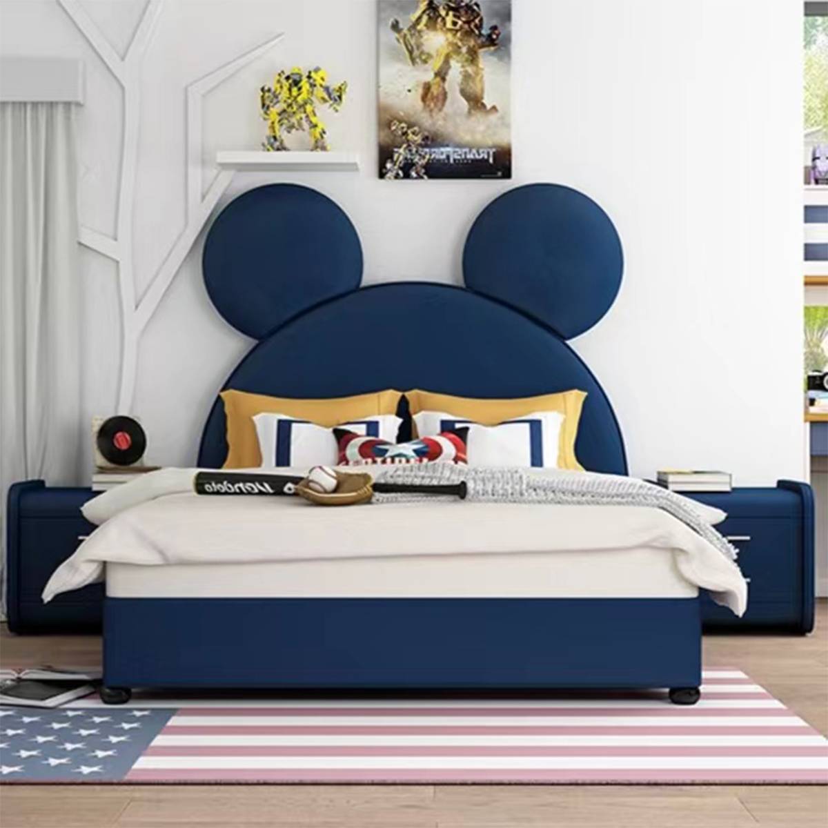 Deep blue Mickey Mouse headboard bed with sports theme decor