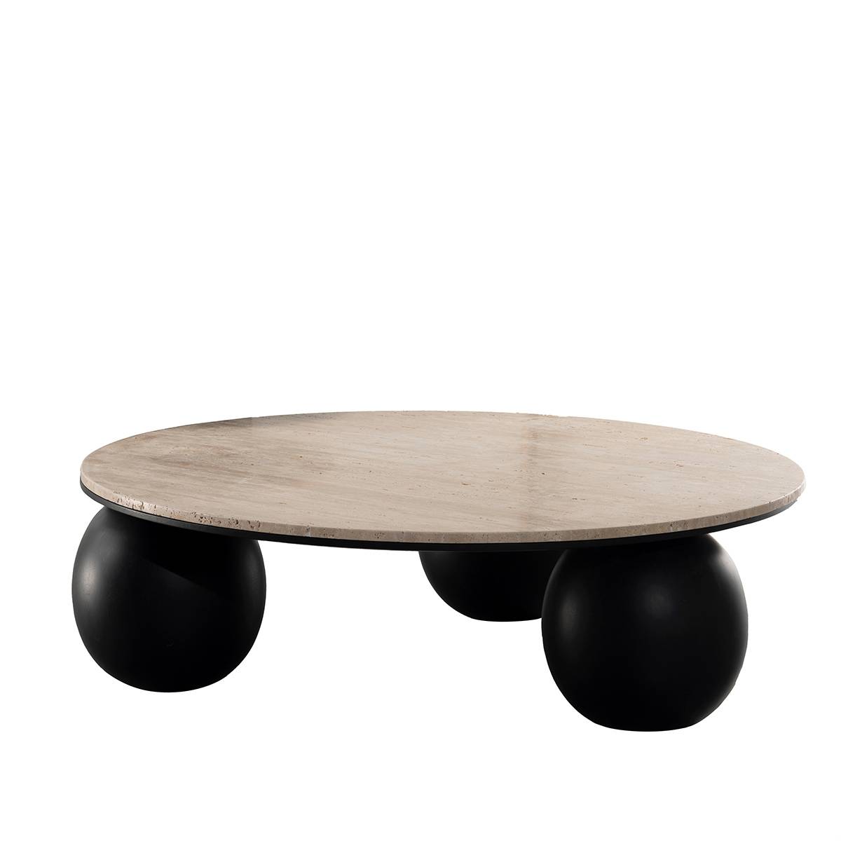 Side angle view of the coffee table highlighting the spherical legs