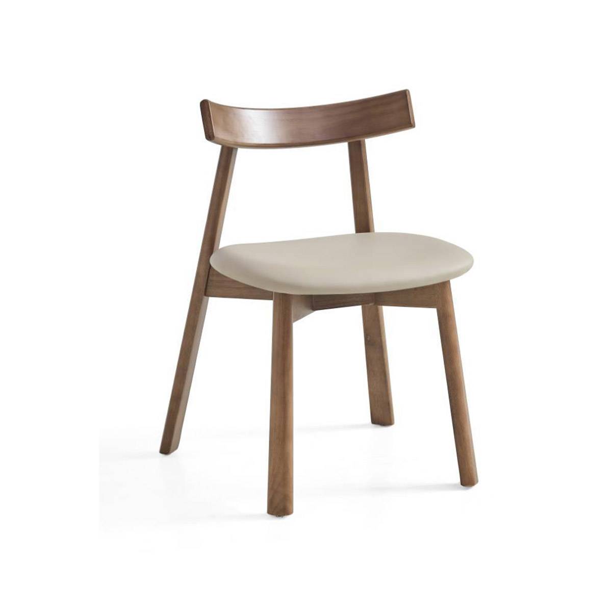 Side view of a modern dining chair with a wooden frame and beige seat
