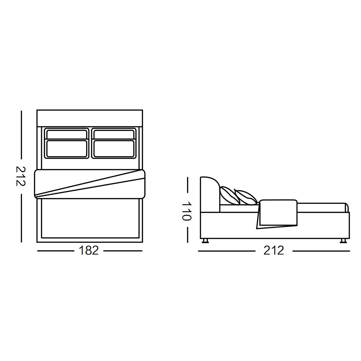 Technical line drawing showing the dimensions of the bed frame: 212cm length, 182cm width, and 110cm height