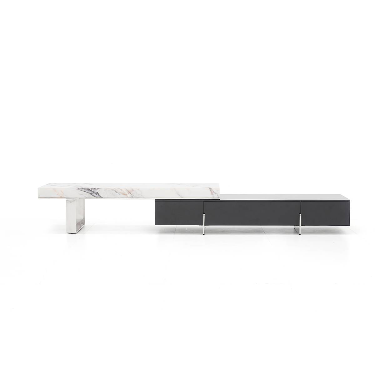 Side view of a modern TV console with a white marble top and black cabinet base on stainless steel legs