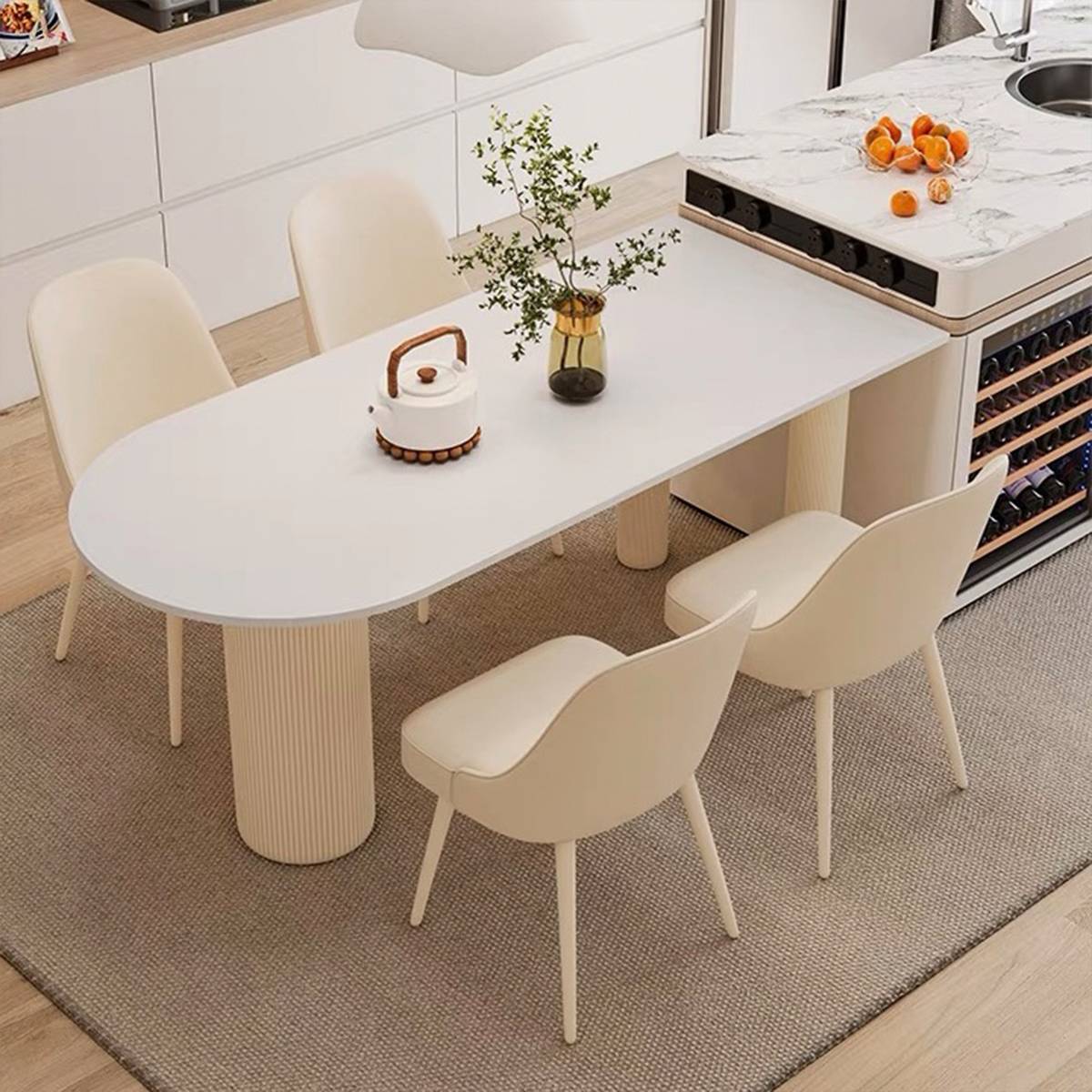 Dining table setup with chairs in a modern kitchen environment