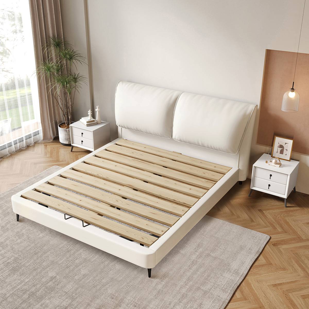 Bed frame showing the pine wood bed board configuration