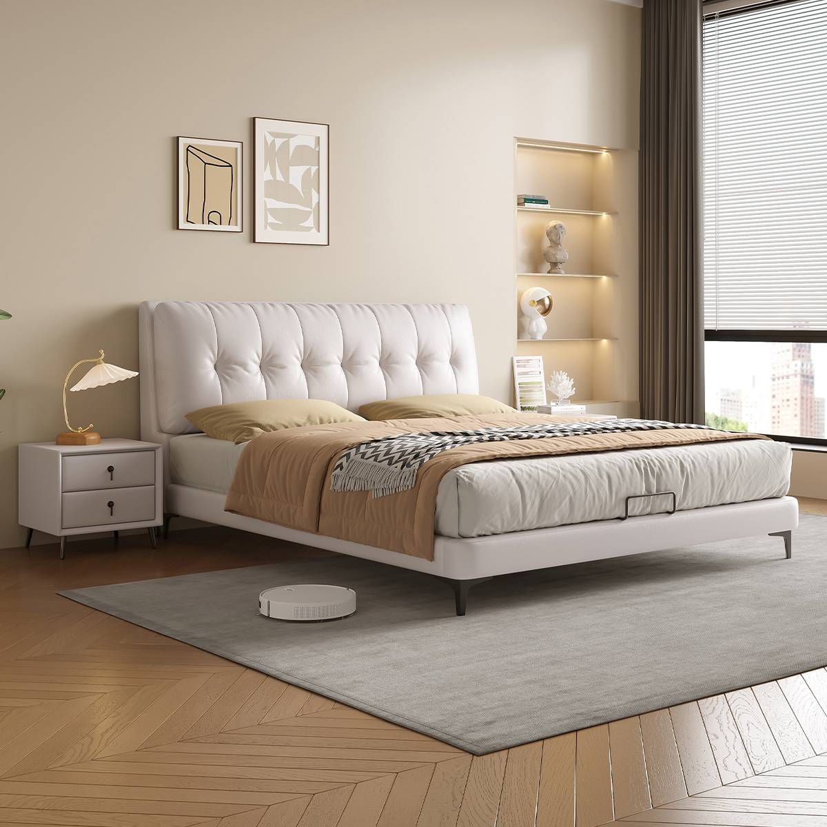 White eco-leather bed with beige bedding