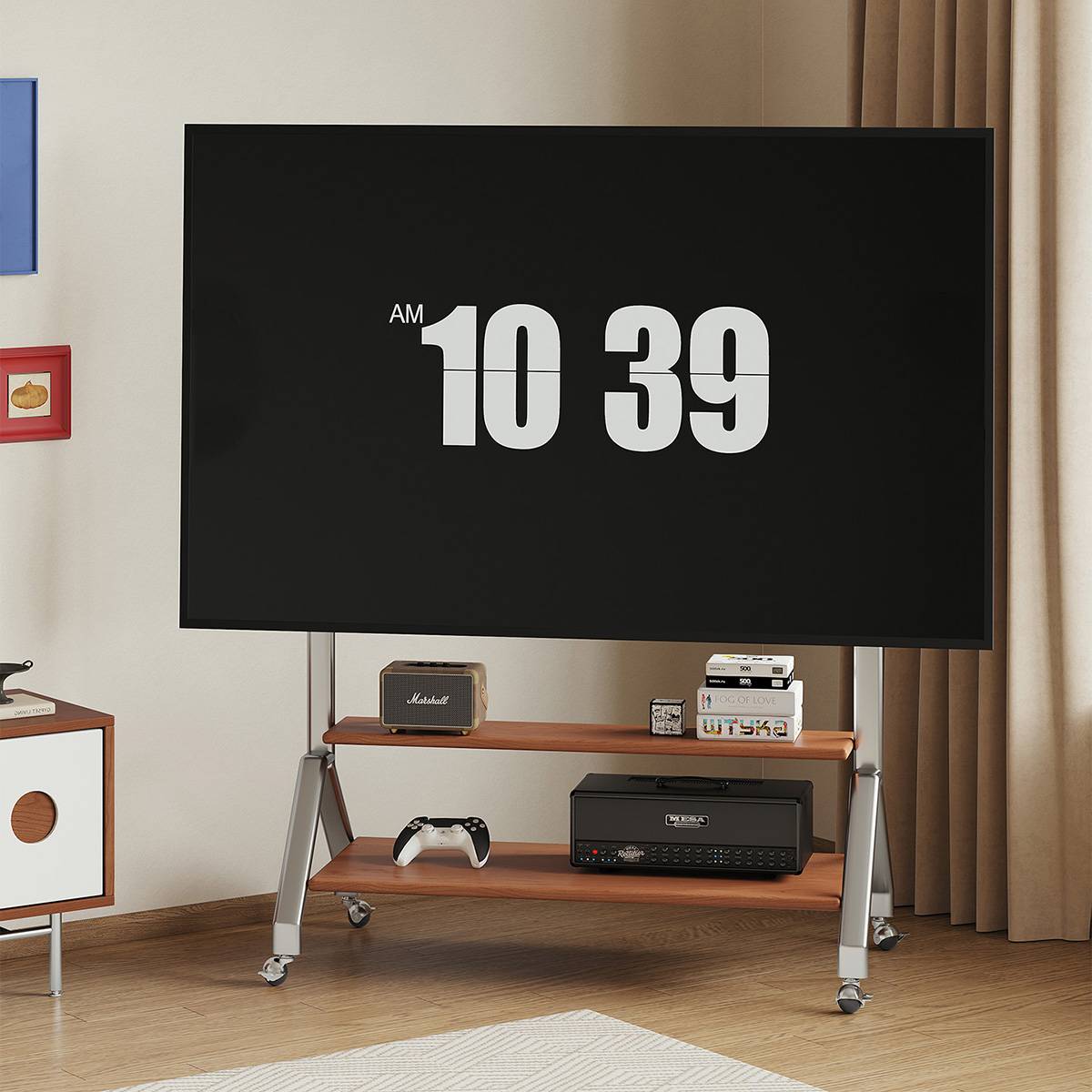 Slightly angled front view of the TV stand with television mounted.