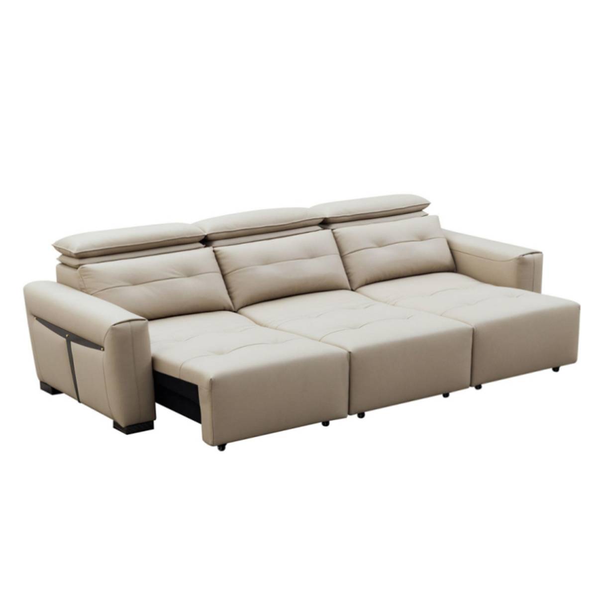 Beige genuine leather functional sofa bed with reclining features