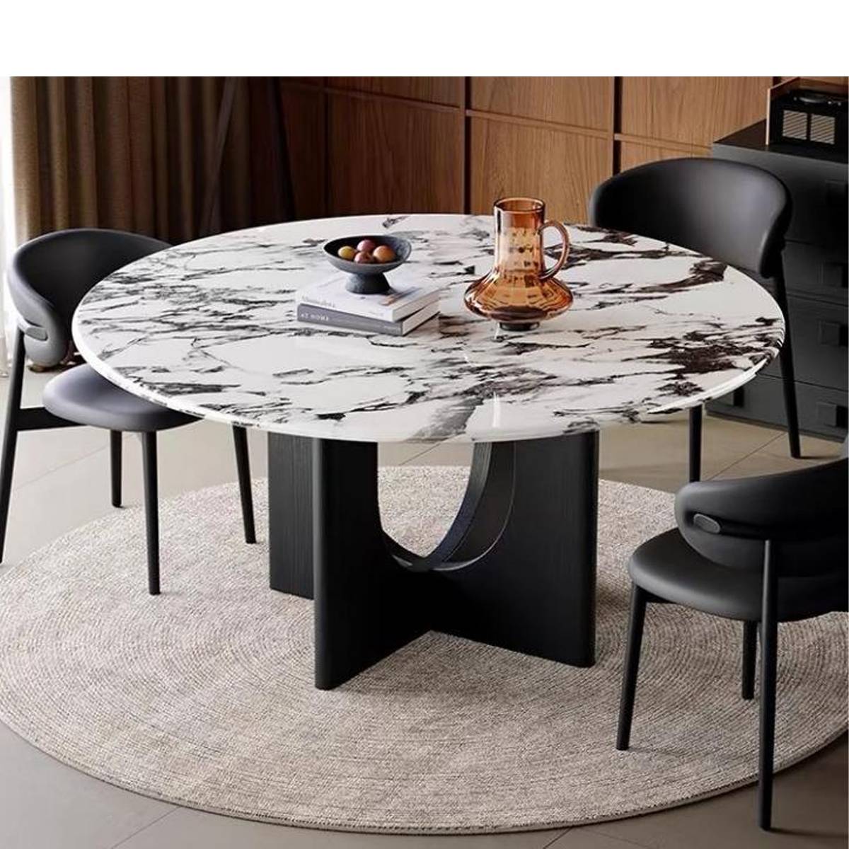 Side view of the round marble dining table showing the turntable and chairs