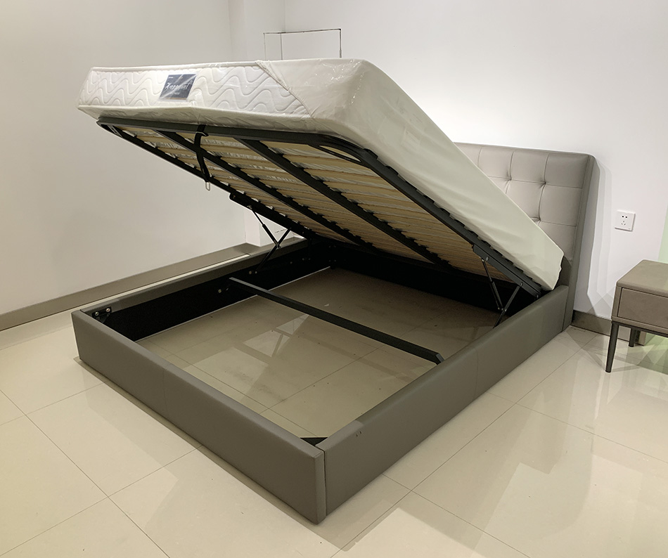 Full view of the upholstered bed frame with mattress