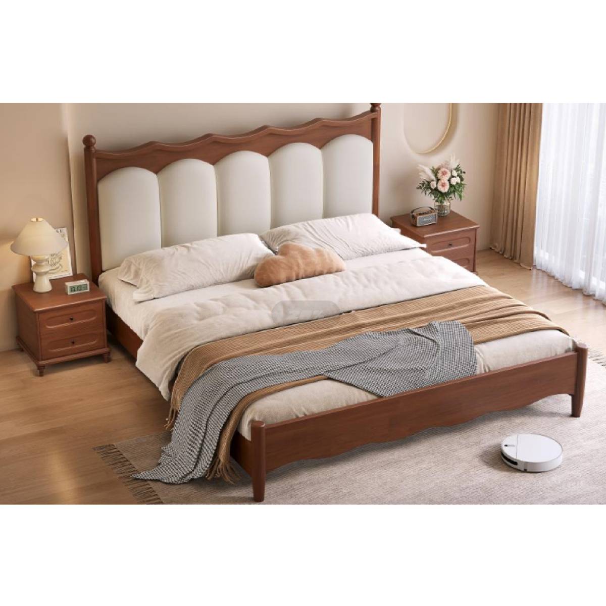 Cherry wood mid-century upholstered bed with bedding