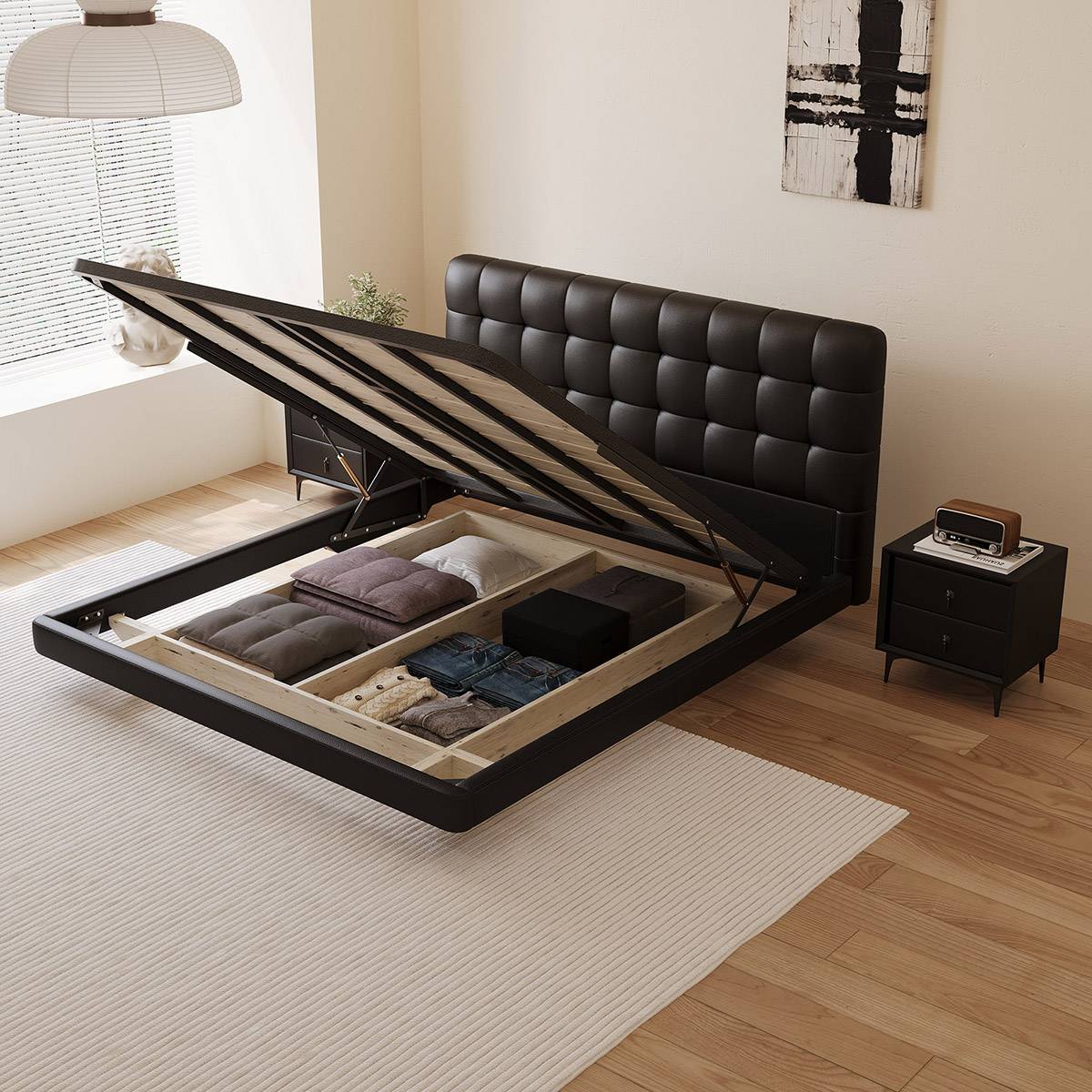 Bed frame with wooden slats and black tufted headboard