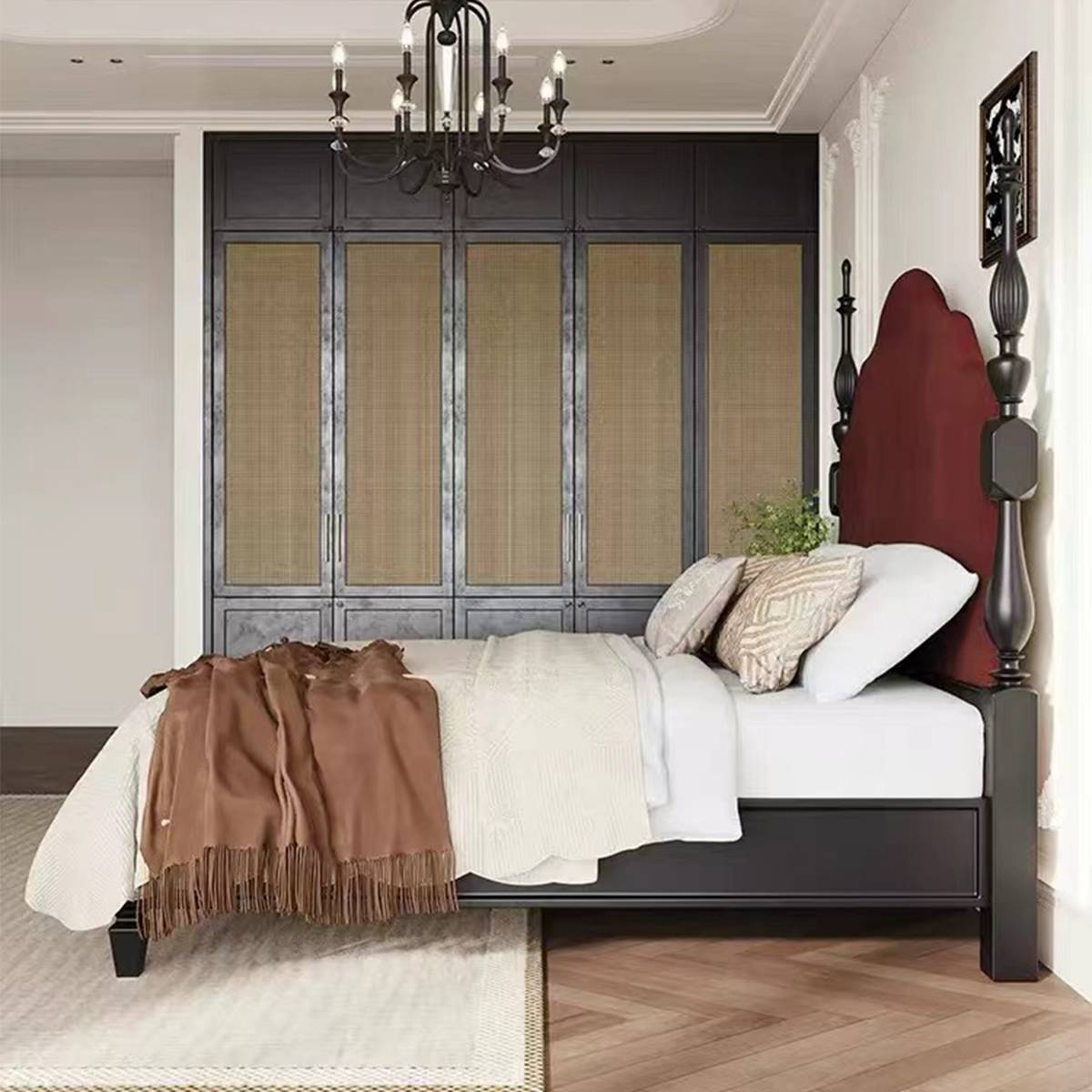 Side view of the mid-century bed showing the burgundy headboard and black frame