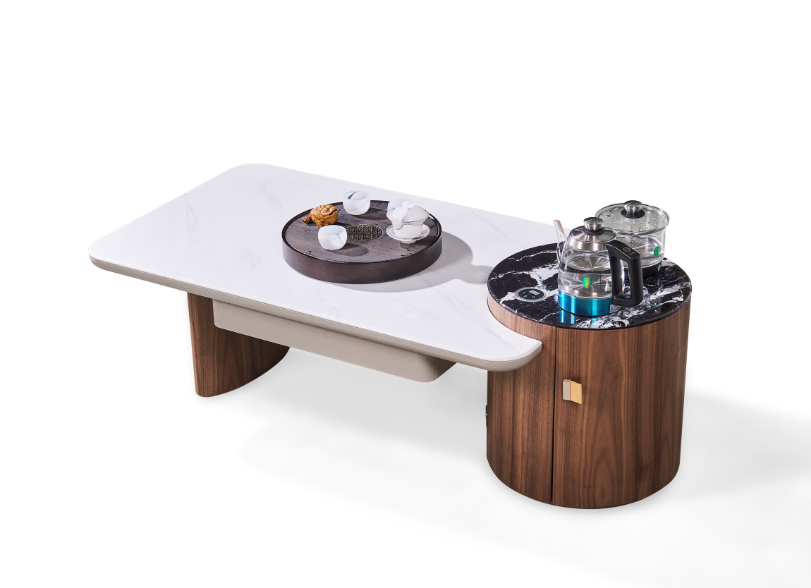 Top-down view of the tea table displaying the tea tray setup and the kettle on the marble surface.