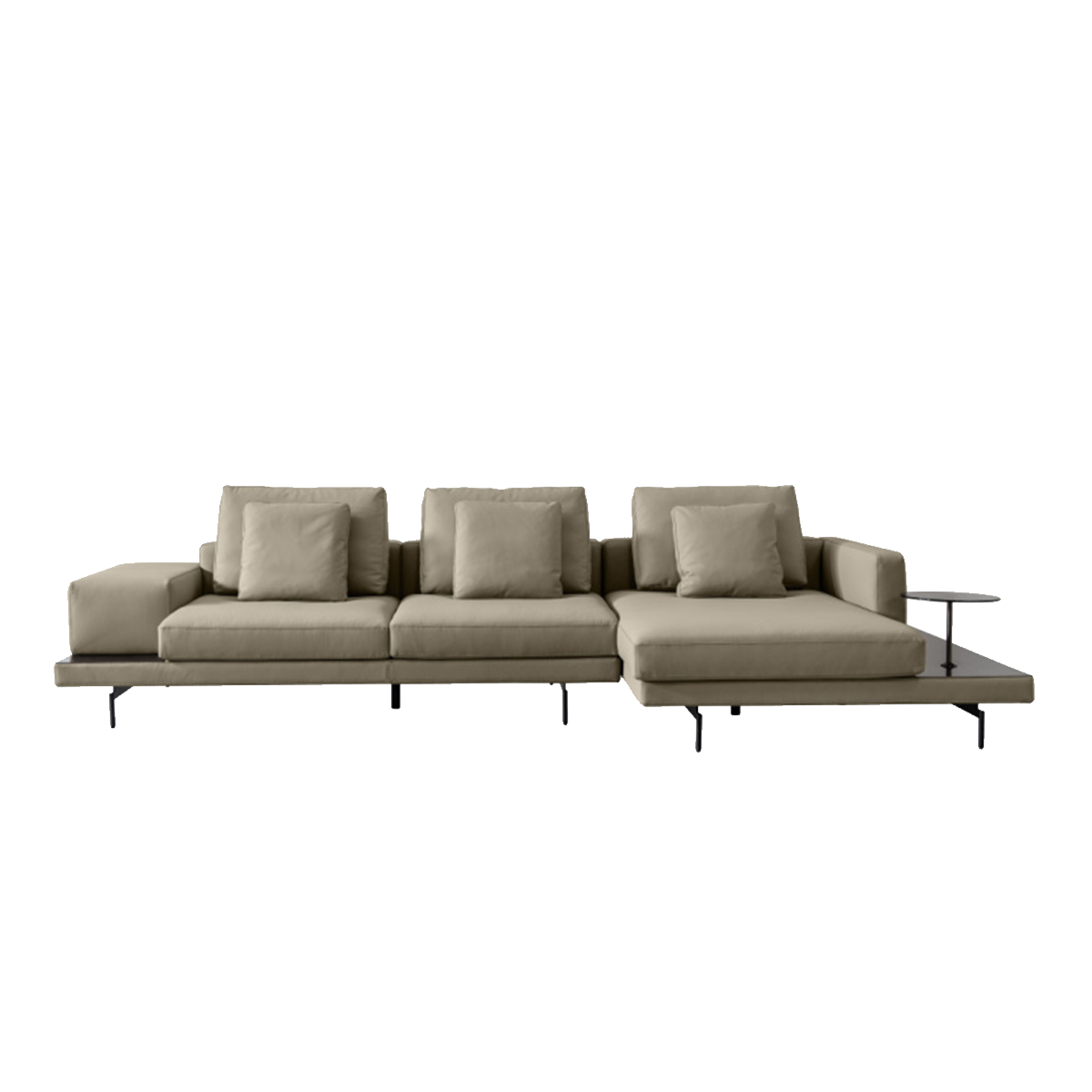 Front view of beige corner sofa with chaise and side table