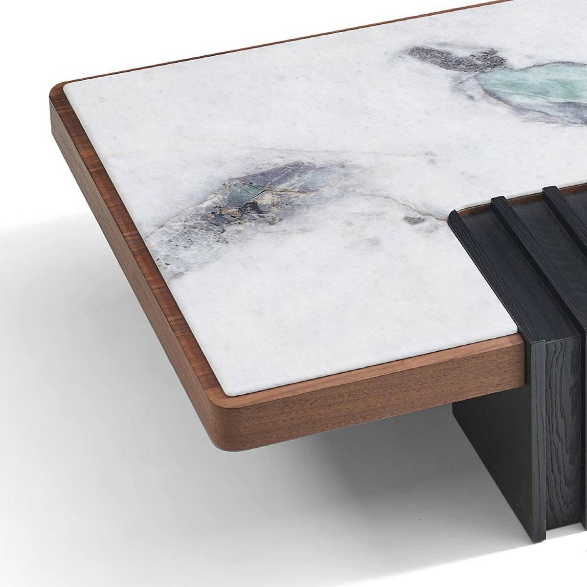 Close-up detail of the Blue Peacock stone surface and wood edge of the rectangular coffee table.