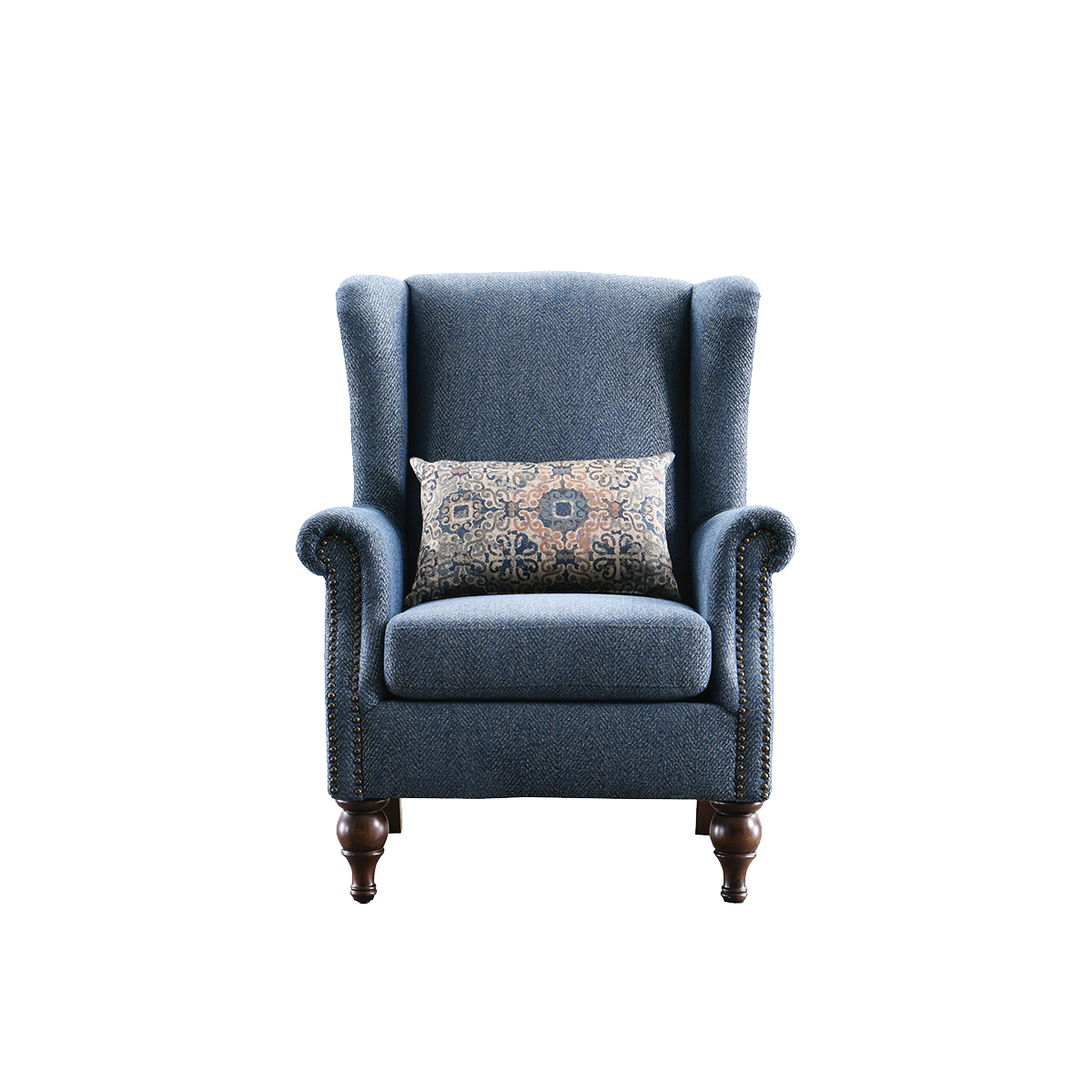 Front view of blue wingback lounge chair with patterned pillow