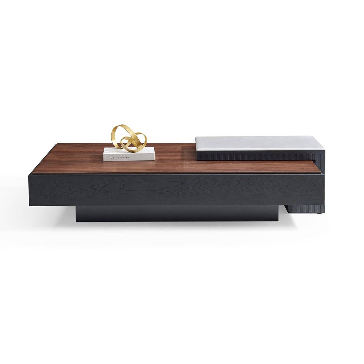 Side profile view of the coffee table showing the wood grain and base structure