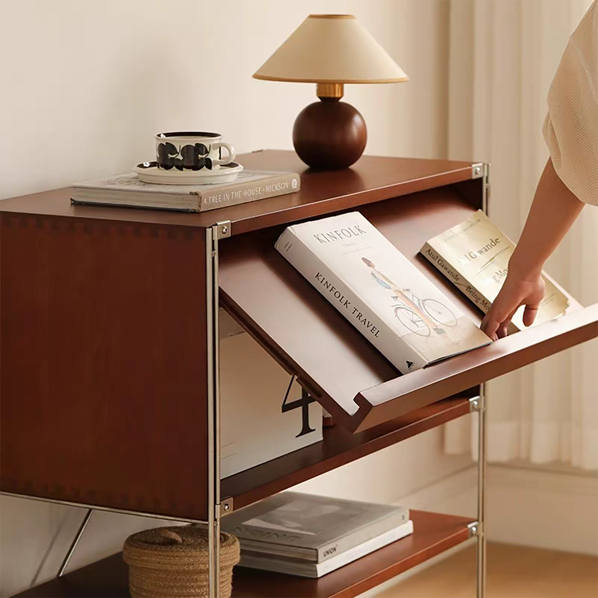 Close-up showing the flip-door mechanism of the upper cabinet