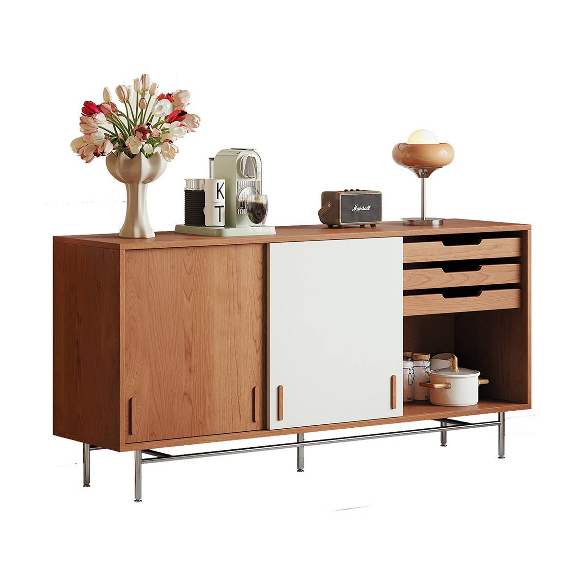 Studio shot of the sideboard in Vintage Cherry and White finish against white background