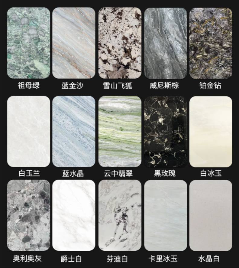 Color and pattern selection chart for natural marble options