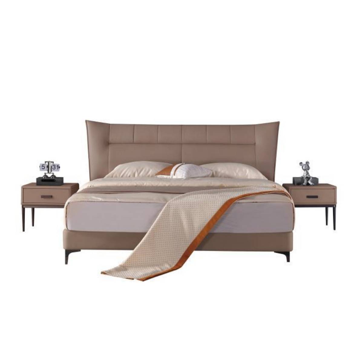 Front view of the beige leather bed with matching bedside tables