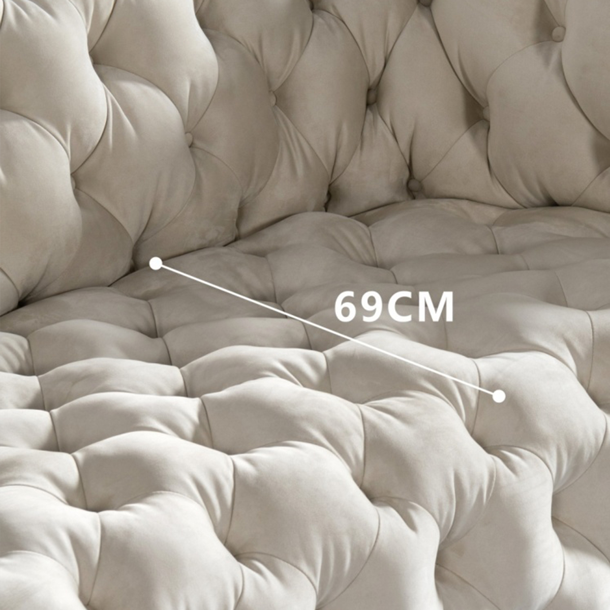 Close-up of the sofa seat showing the deep tufted texture and a measurement line indicating 69cm depth