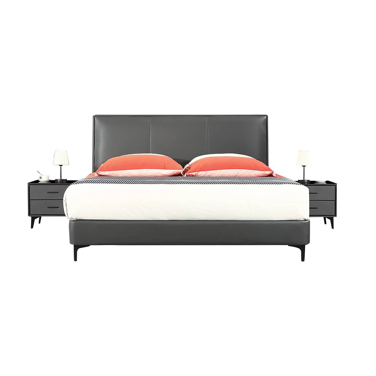 Studio shot of the grey upholstered bed with orange pillows and white bedding against a white background.