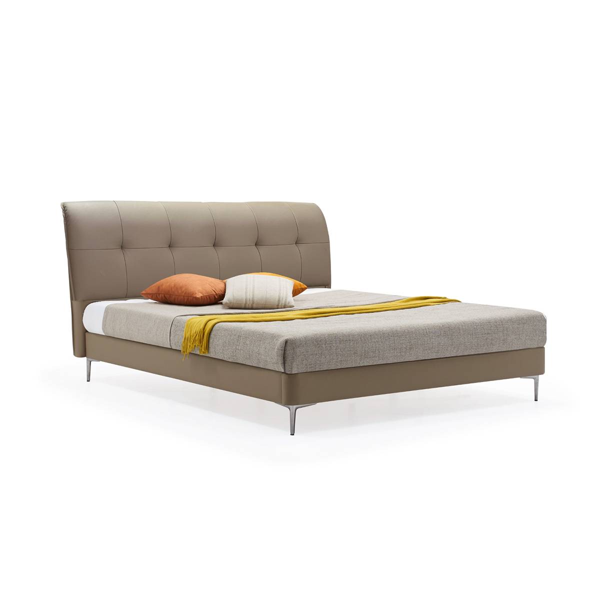 Side angle view of the bed frame showing the metal legs and base structure